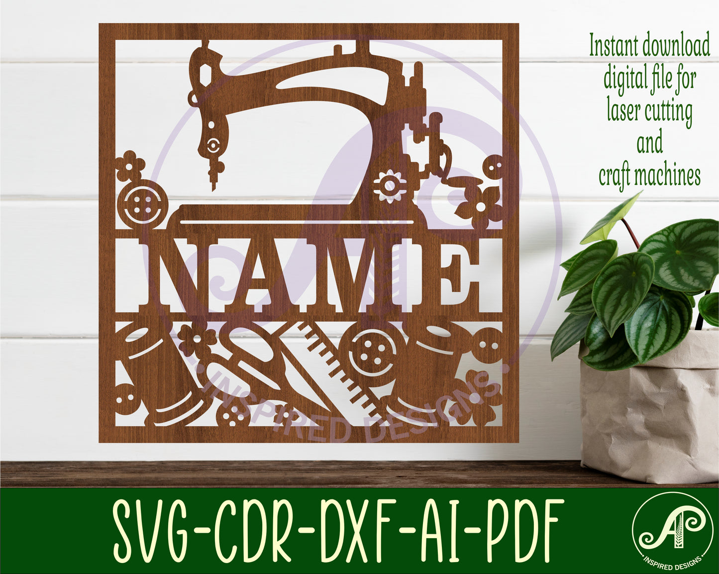 Sewing square name wall sign. SVG / DXF / AI / PDF / CDR