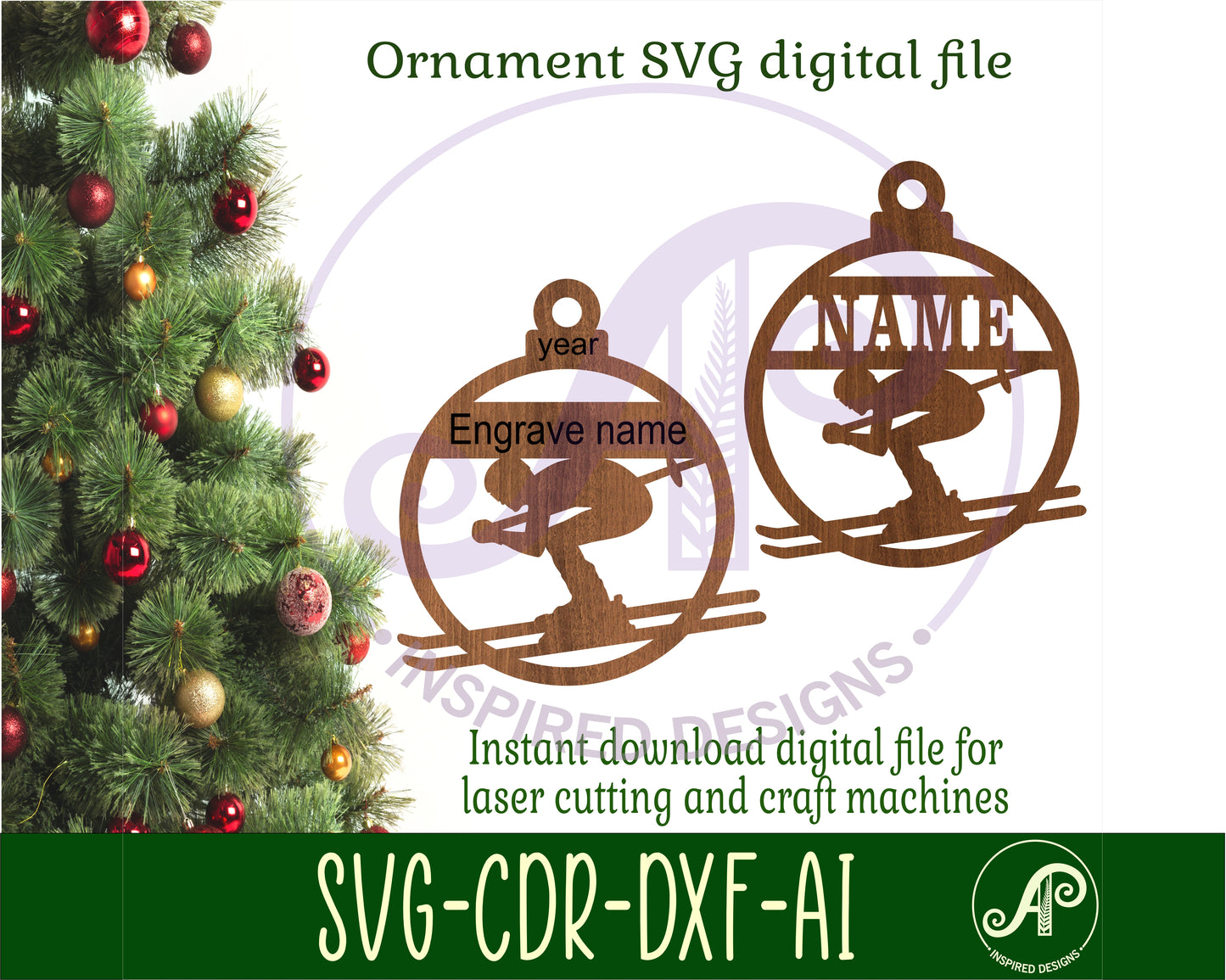 Skier Christmas Ornament SVG laser cut files