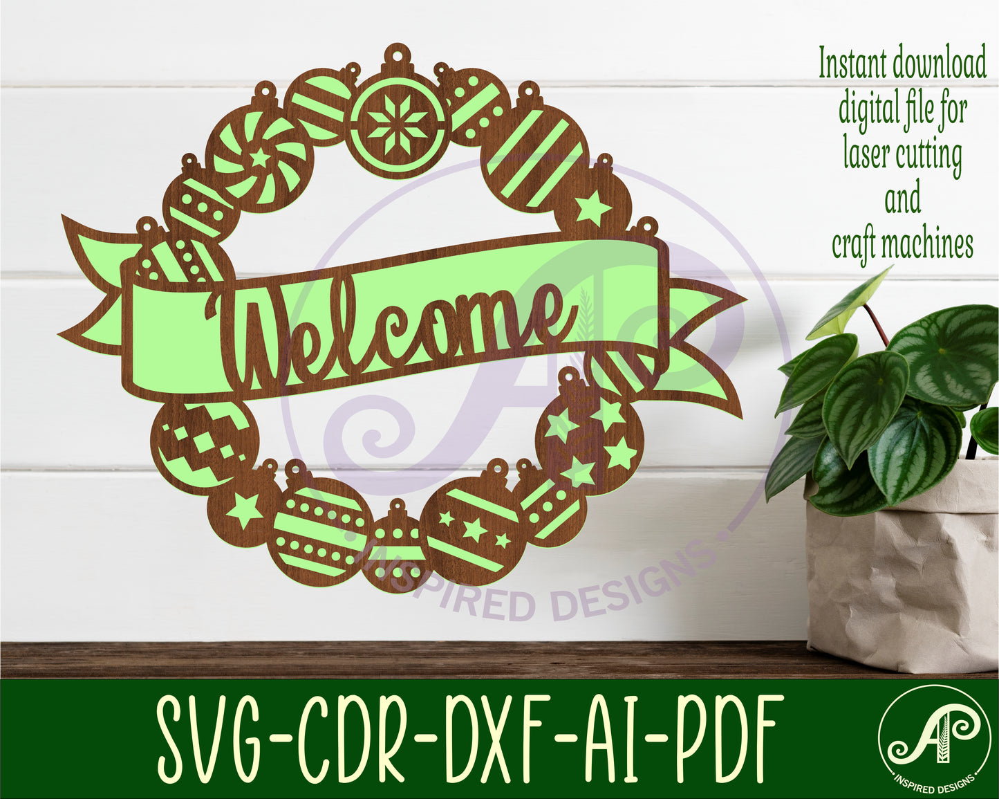 Christmas bauble wreath with banner wall sign design SVG / DXF / AI / PDF / CDR