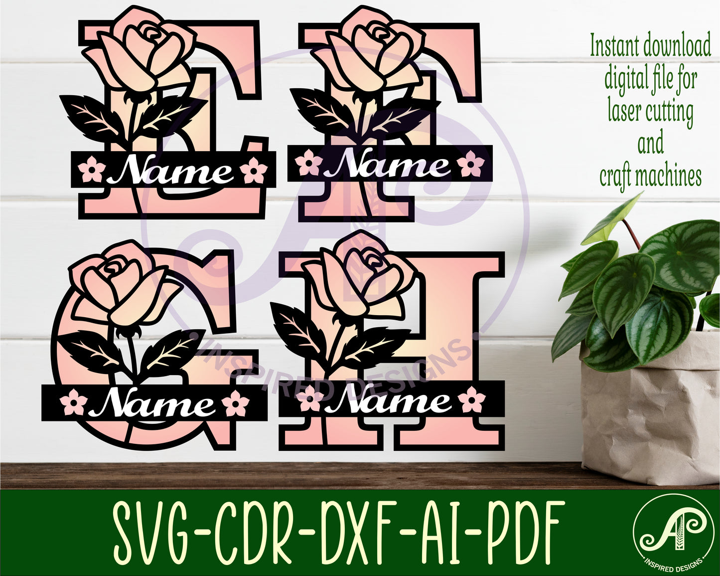 Rose layered monogram sign SVG / DXF / AI / PDF / CDR