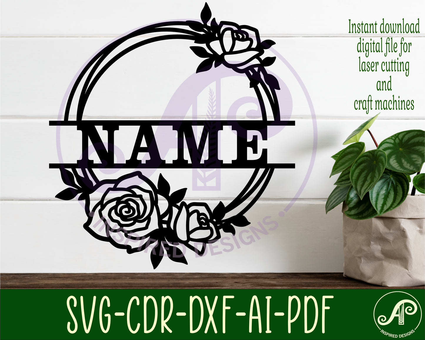 Rose wreath name wall sign. SVG / DXF / AI / PDF / CDR