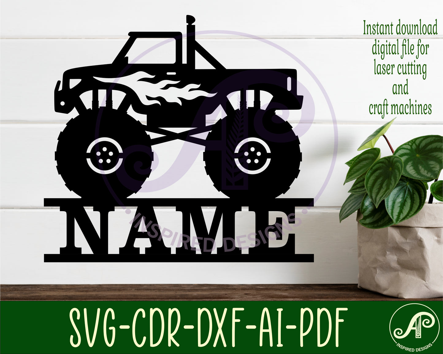 Monster truck with flames shape name sign SVG / DXF / AI / PDF / CDR