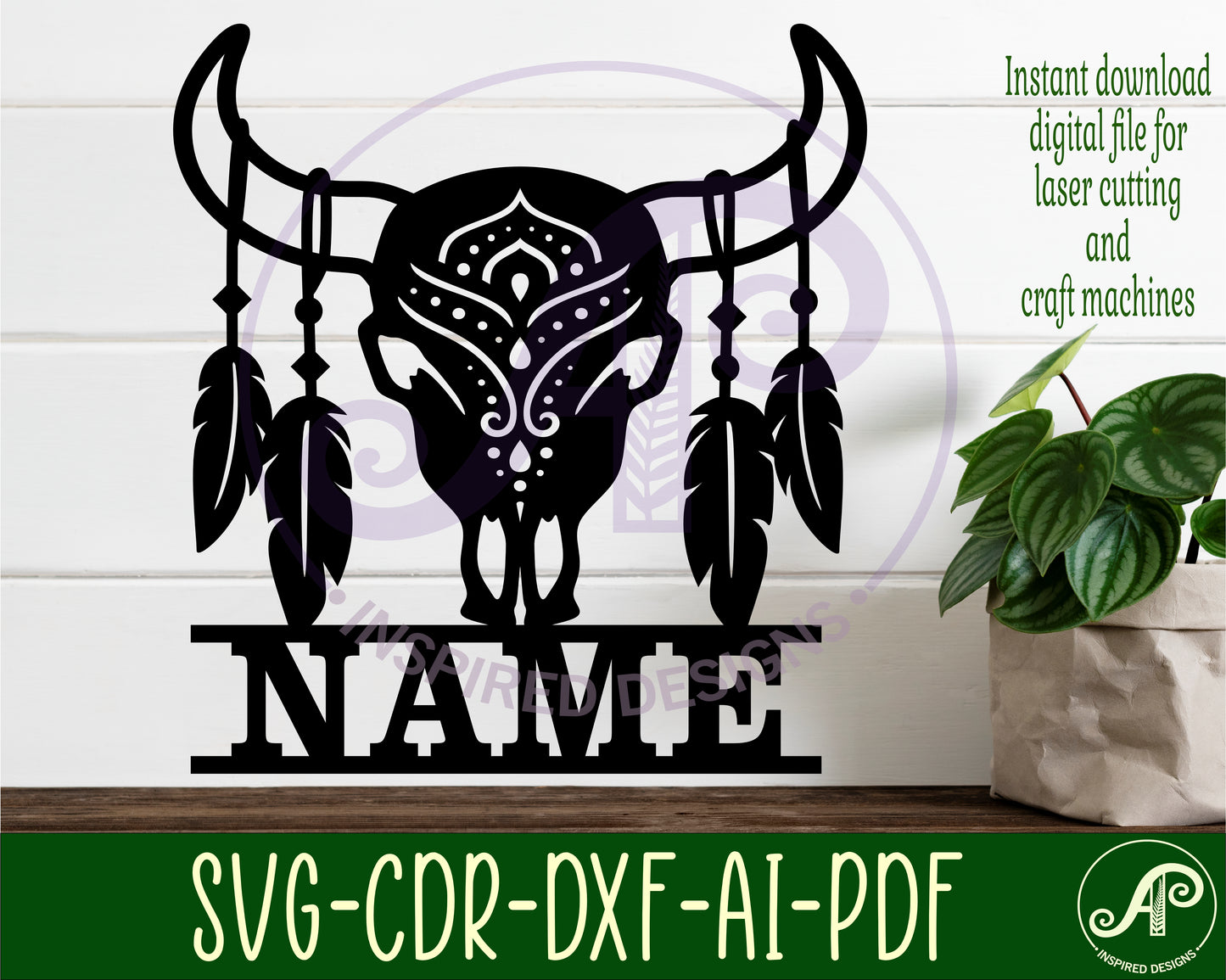 cow skull with feathers design shape name sign SVG / DXF / AI / PDF / CDR