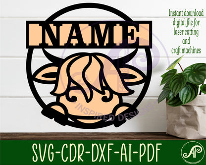 Cute Highland cow single name wall sign. SVG / DXF / AI / PDF / CDR