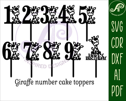 Cute giraffe number cake topper designs SVG / DXF / AI / PDF / CDR