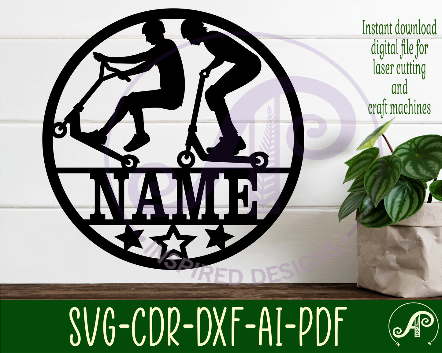 Scooter round  male name wall sign. SVG / DXF / AI / PDF / CDR