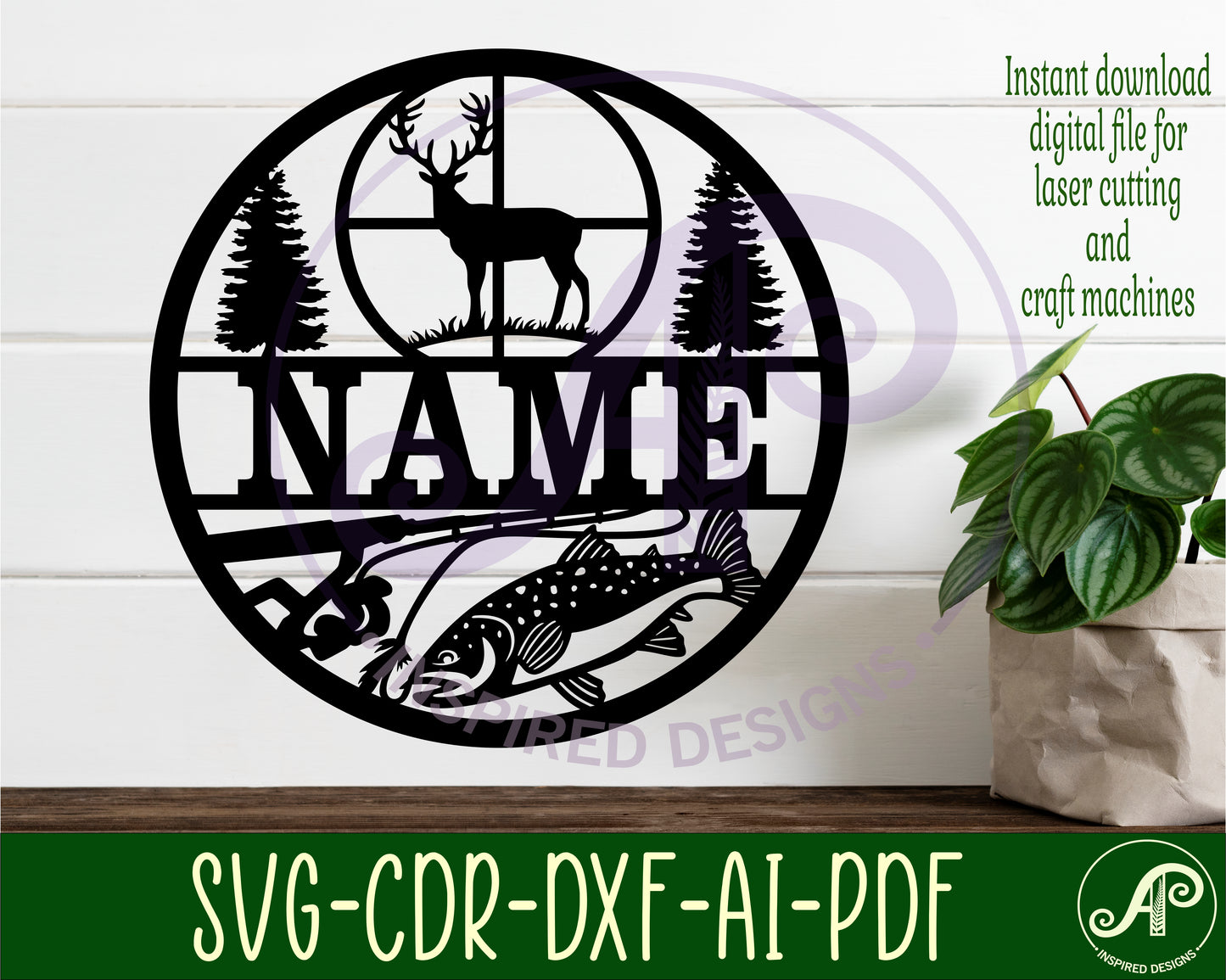 Hunting and fishing name wall sign. SVG / DXF / AI / PDF / CDR