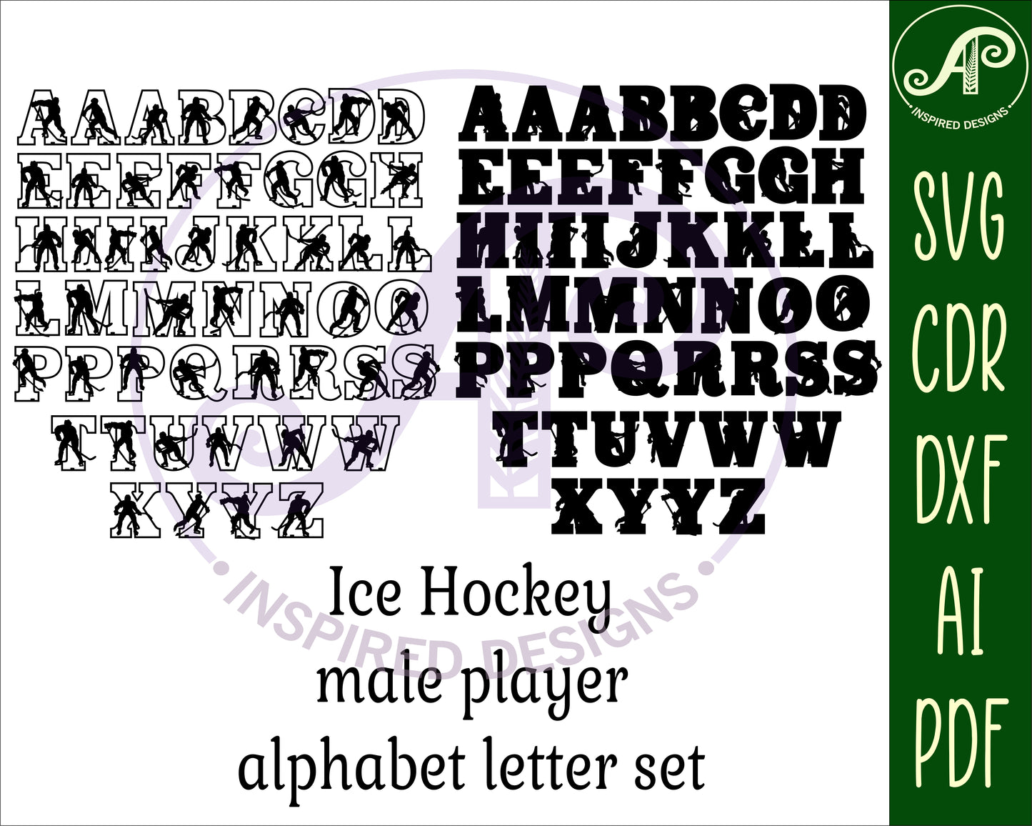 Ice Hockey male alphabet letter set. 50 letter options