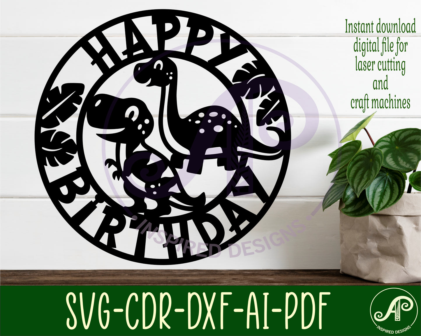 Happy birthday dinosaur wall sign design SVG / DXF / AI / PDF / CDR