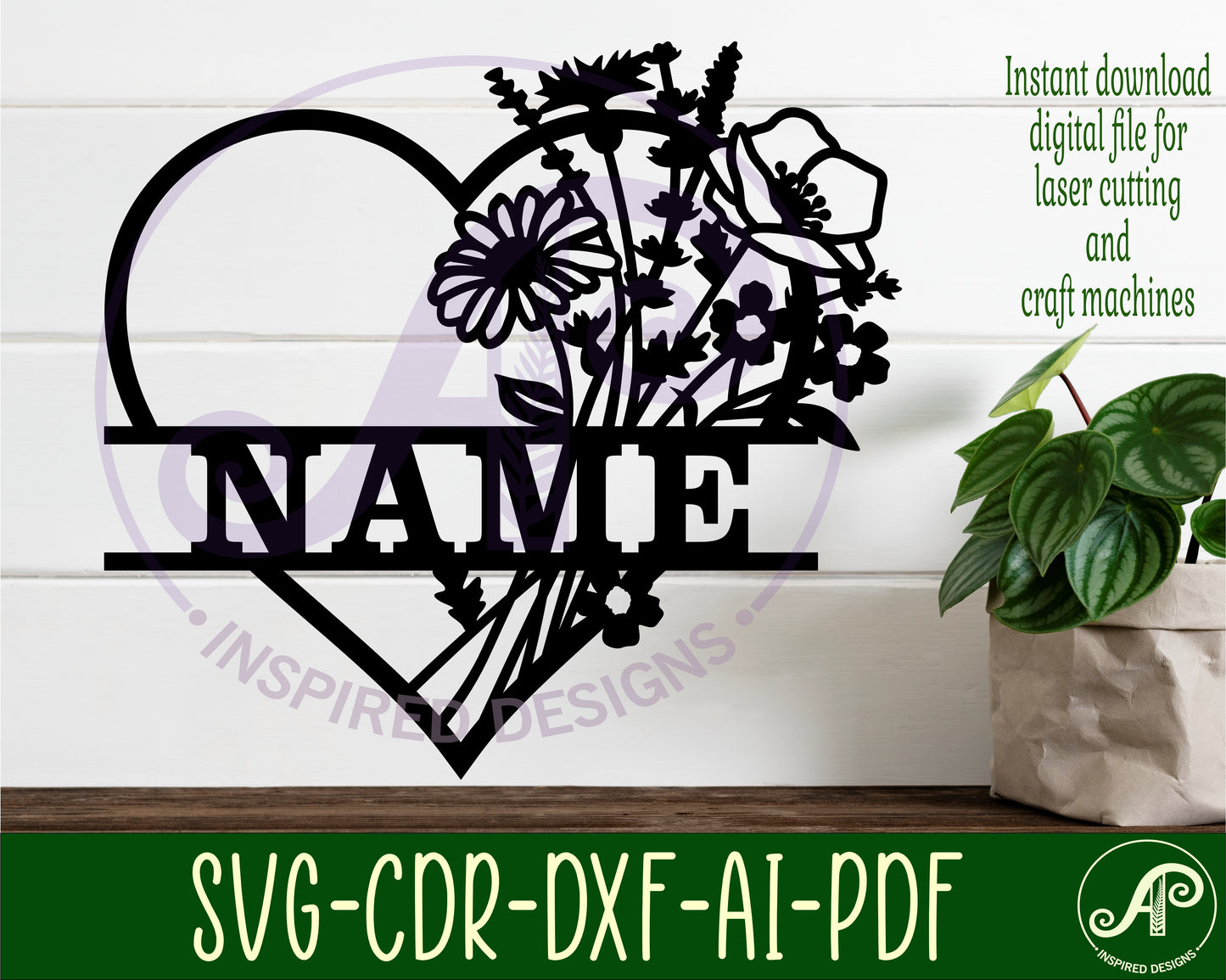 Heart wild flowers name wall sign. SVG / DXF / AI / PDF / CDR