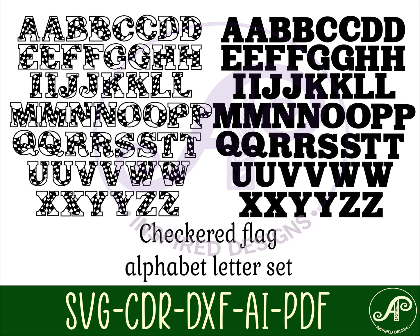 Checkered flag alphabet letter set. 52 letter options