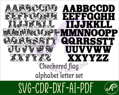 Checkered flag alphabet letter set. 52 letter options