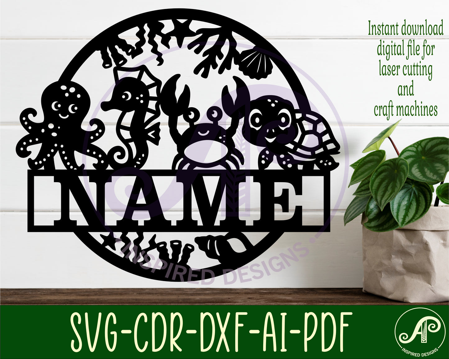 Cute sea animals name wall sign. SVG / DXF / AI / PDF / CDR