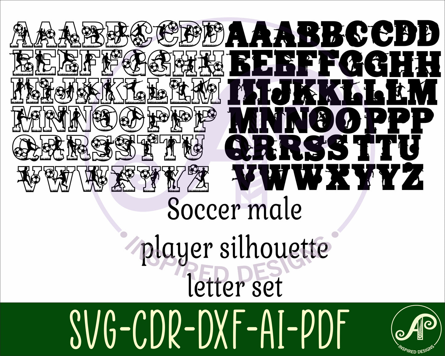 Soccer male alphabet letter set. 51 letter options