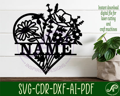 Wild flower heart shape name sign SVG / DXF / AI / PDF / CDR