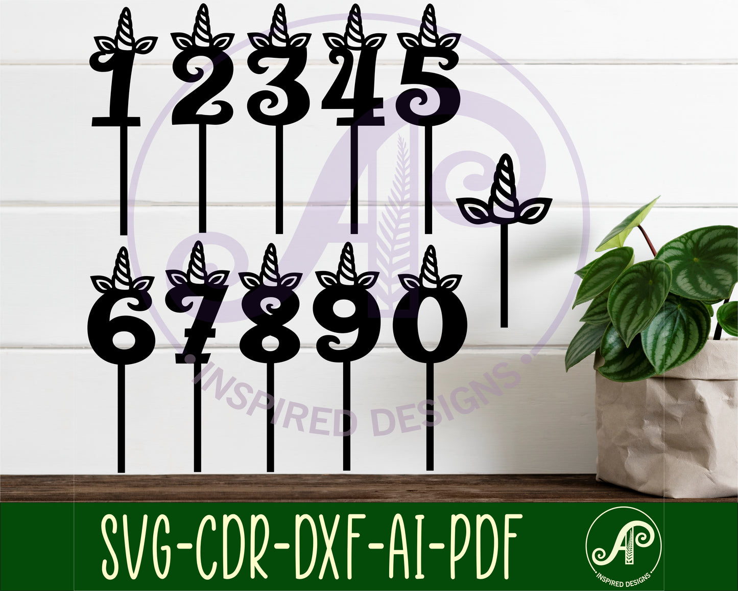 Unicorn horn number cupcake topper design SVG / DXF / AI / PDF / CDR