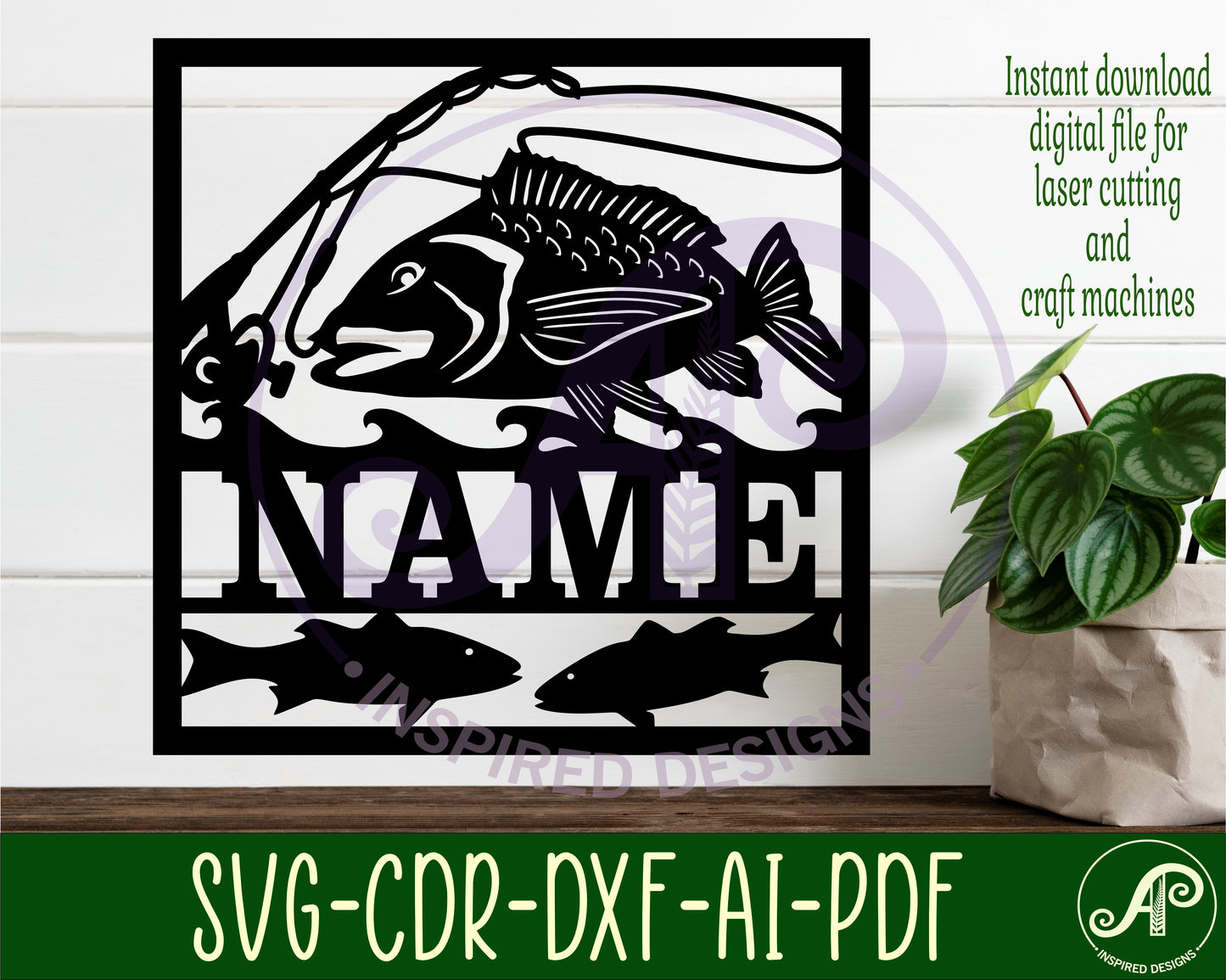 Ocean fishing square name wall sign. SVG / DXF / AI / PDF / CDR