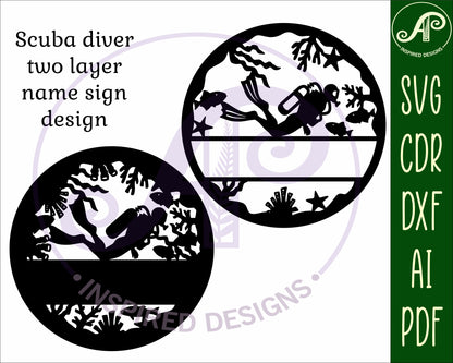 Scuba diver two layer name wall sign. SVG / DXF / AI / PDF / CDR