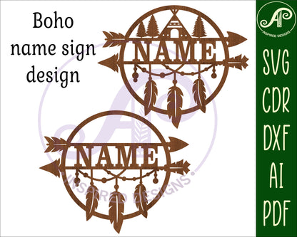 Feather and arrow name wall sign. SVG / DXF / AI / PDF / CDR