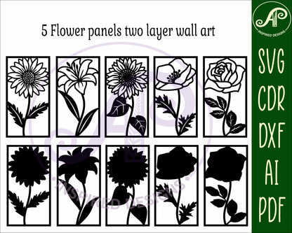 5 flower two layer wall art panels SVG / DXF / AI / PDF / CDR