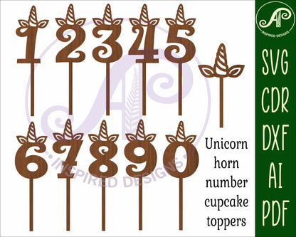 Unicorn horn number cupcake topper design SVG / DXF / AI / PDF / CDR