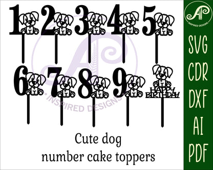 Cute dog number cake topper designs SVG / DXF / AI / PDF / CDR