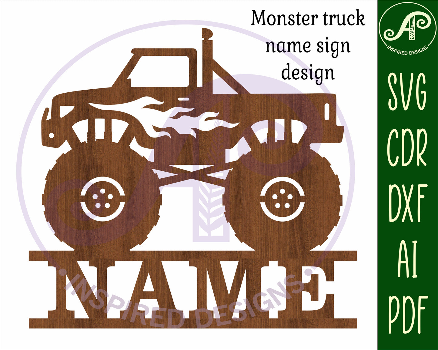 Monster truck with flames shape name sign SVG / DXF / AI / PDF / CDR