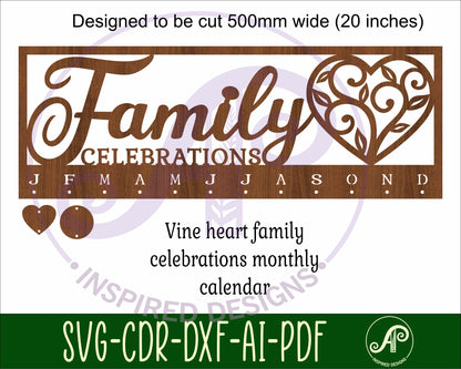 Family birthday calendar vine heart design  SVG / DXF / AI / PDF / CDR