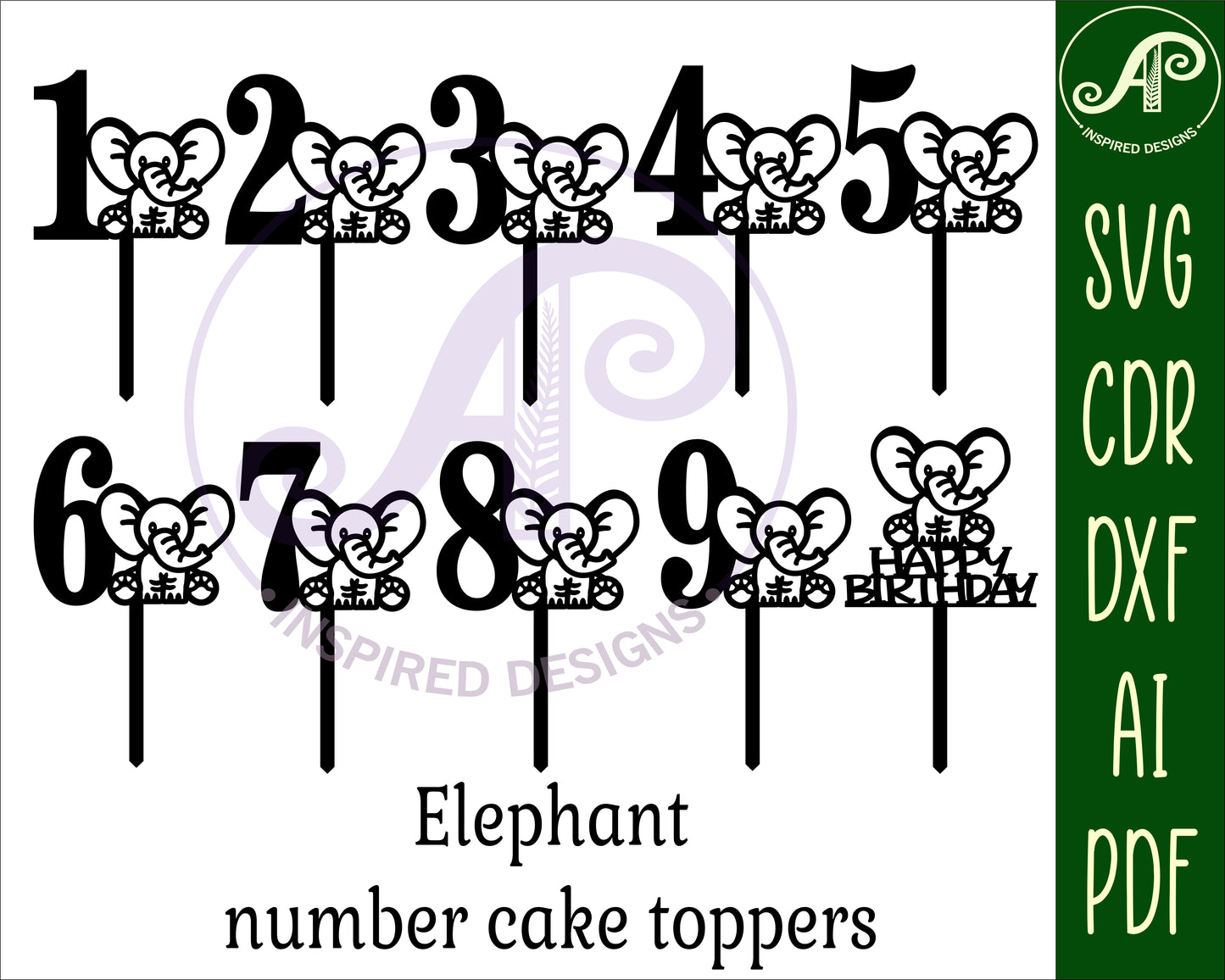 Elephant number cake topper design SVG / DXF / AI / PDF / CDR