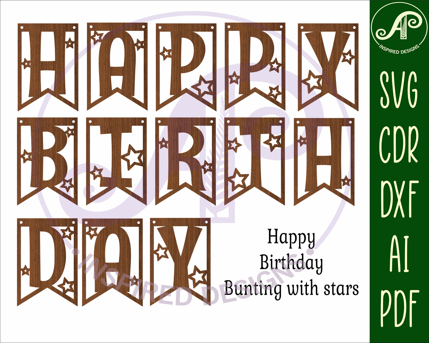 Happy birthday bunting banner SVG laser cut, instant download Pdf, Dxf, Ai and Cdr template.