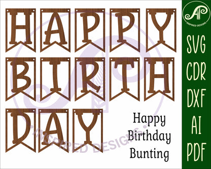 Happy birthday bunting SVG laser cut, instant download Pdf, Dxf, Ai and Cdr template.