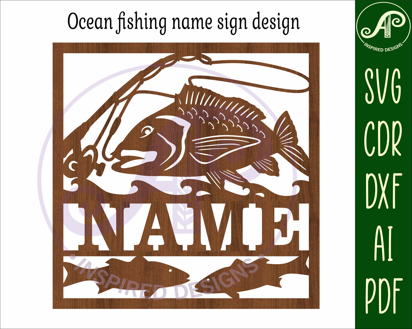 Ocean fishing square name wall sign. SVG / DXF / AI / PDF / CDR