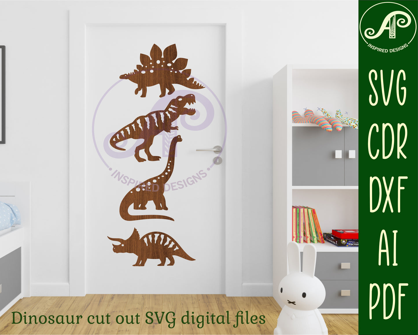 Detailed Dinosaur designs, 4 silhouette shapes