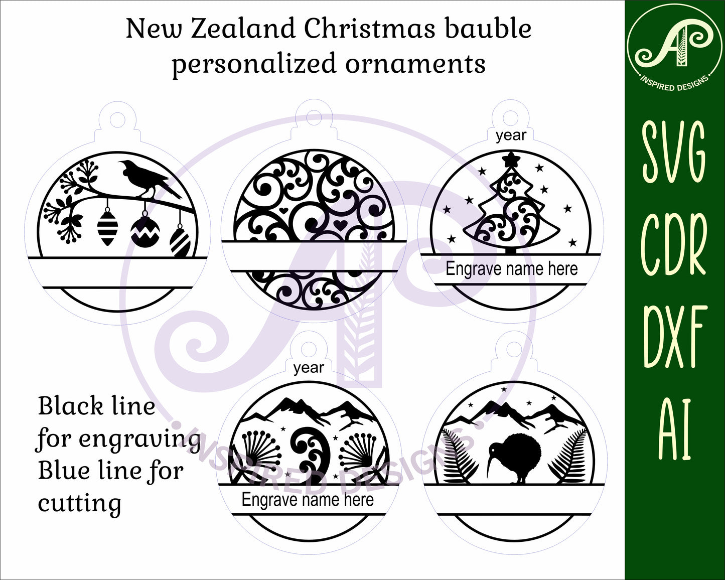 5 New Zealand, kiwiana  engraved ornament designs SVG / DXF / AI