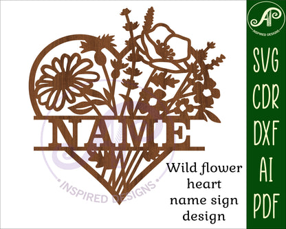 Wild flower heart shape name sign SVG / DXF / AI / PDF / CDR