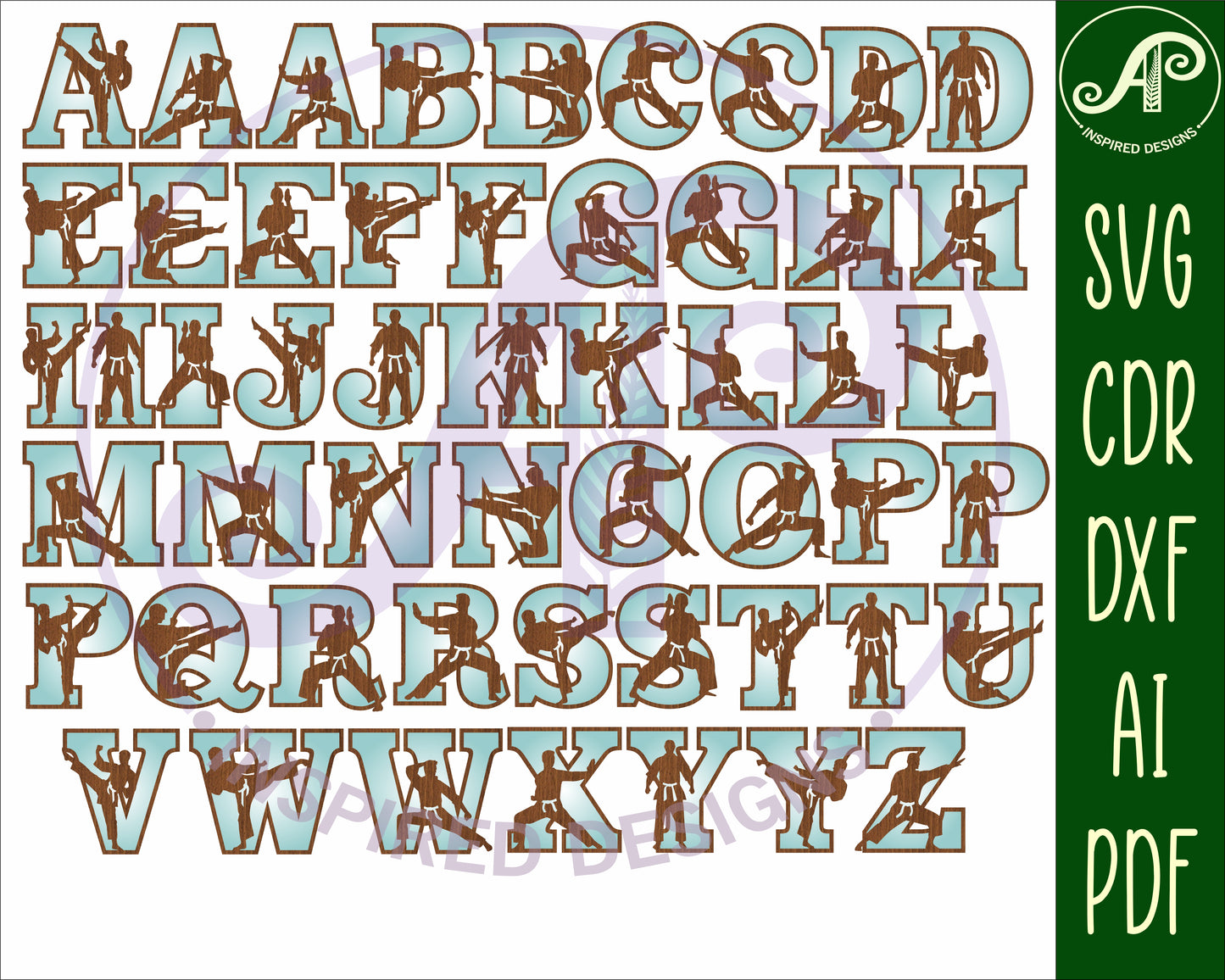 Martial arts male alphabet letter set. 52 letter options