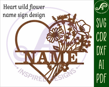 Heart wild flowers name wall sign. SVG / DXF / AI / PDF / CDR