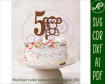 Cute monkey number cake topper designs SVG / DXF / AI / PDF / CDR