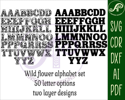 Wild flowers alphabet letter set. 50 letter options