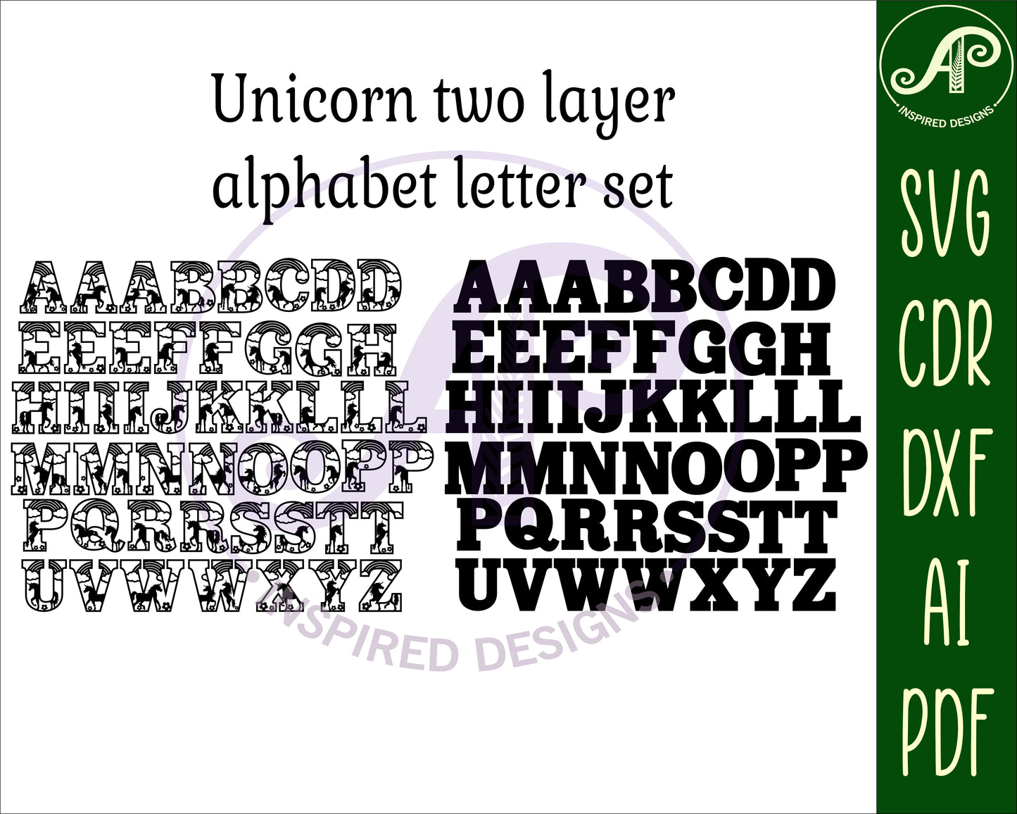 Unicorn alphabet letter set. 49 letter options