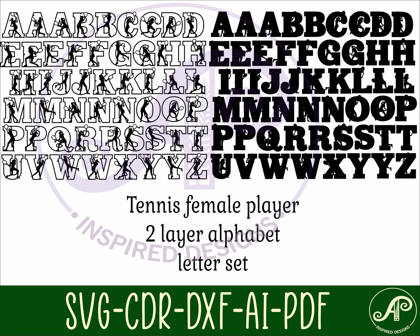 Tennis female player alphabet letter set. 53 letter options