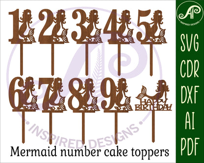 Mermaid number cake topper design SVG / DXF / AI / PDF / CDR