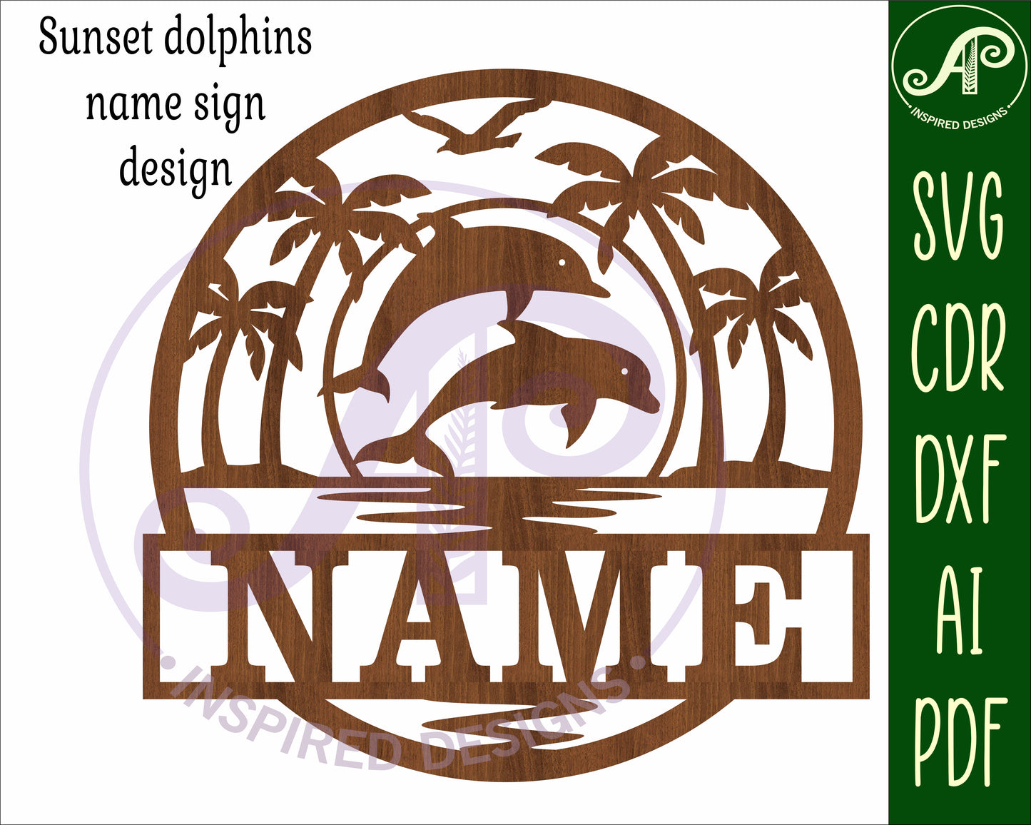 Sunset Dolphin name wall sign. SVG / DXF / AI / PDF / CDR