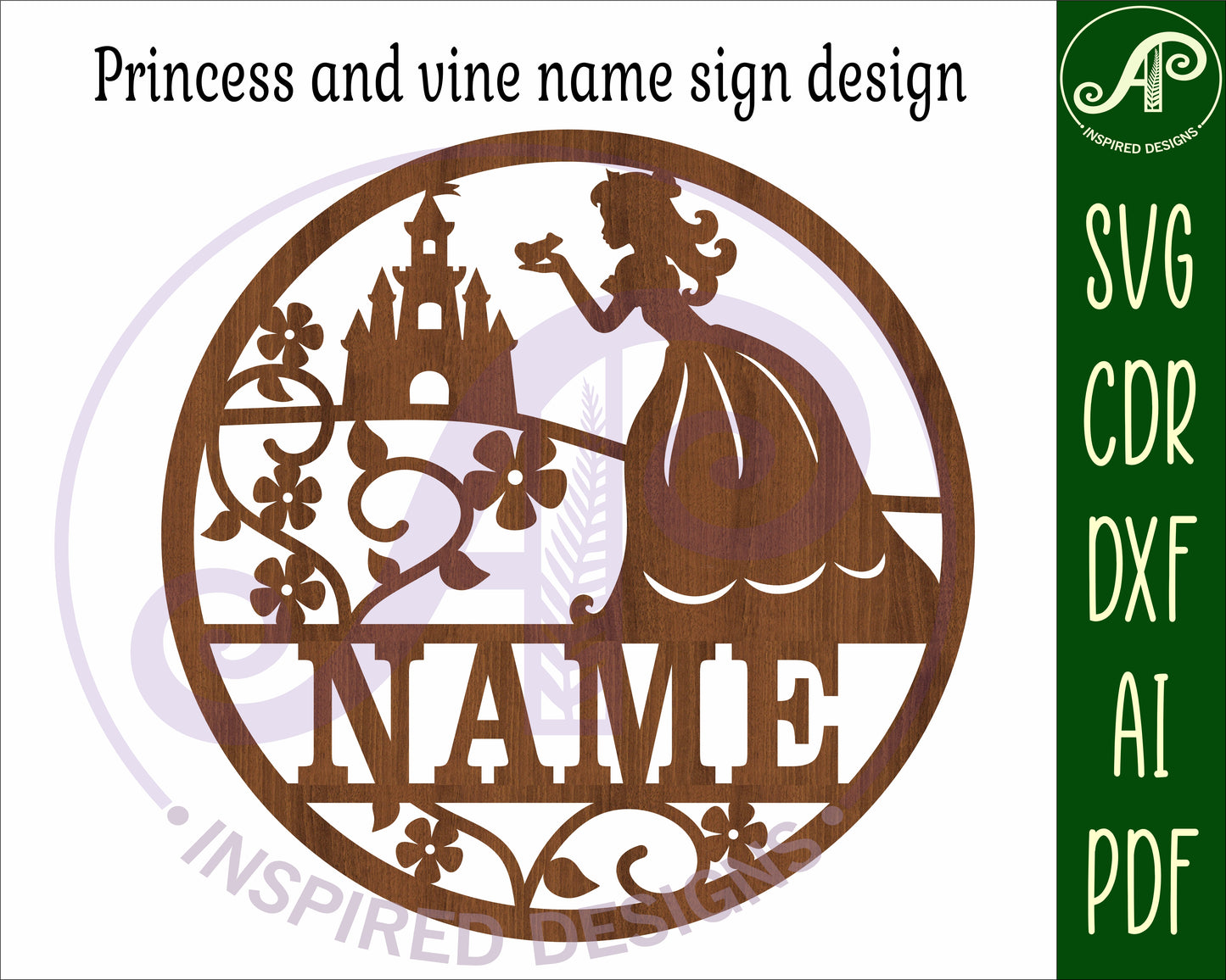 Princess and vine name wall sign. SVG / DXF / AI / PDF / CDR