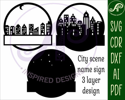 City scene layered name wall sign. SVG / DXF / AI / PDF / CDR