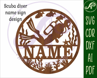 Scuba diver name wall sign. SVG / DXF / AI / PDF / CDR