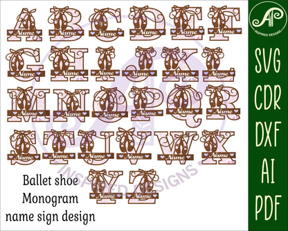 Ballet shoe layered monogram sign SVG / DXF / AI / PDF / CDR