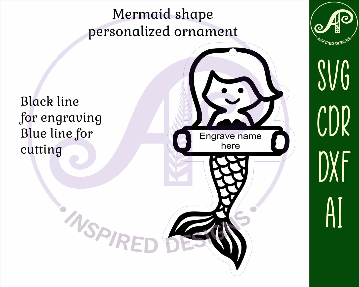 Mermaid engraved ornament design SVG / DXF / AI