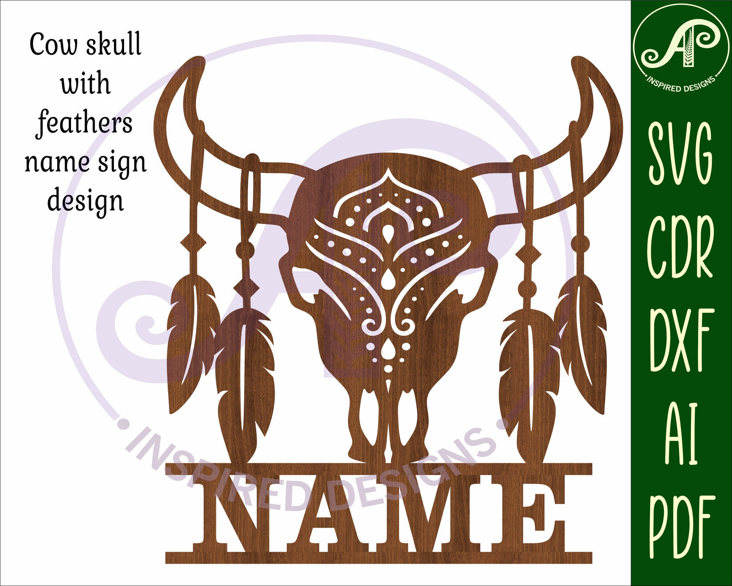 cow skull with feathers design shape name sign SVG / DXF / AI / PDF / CDR