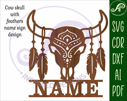 cow skull with feathers design shape name sign SVG / DXF / AI / PDF / CDR